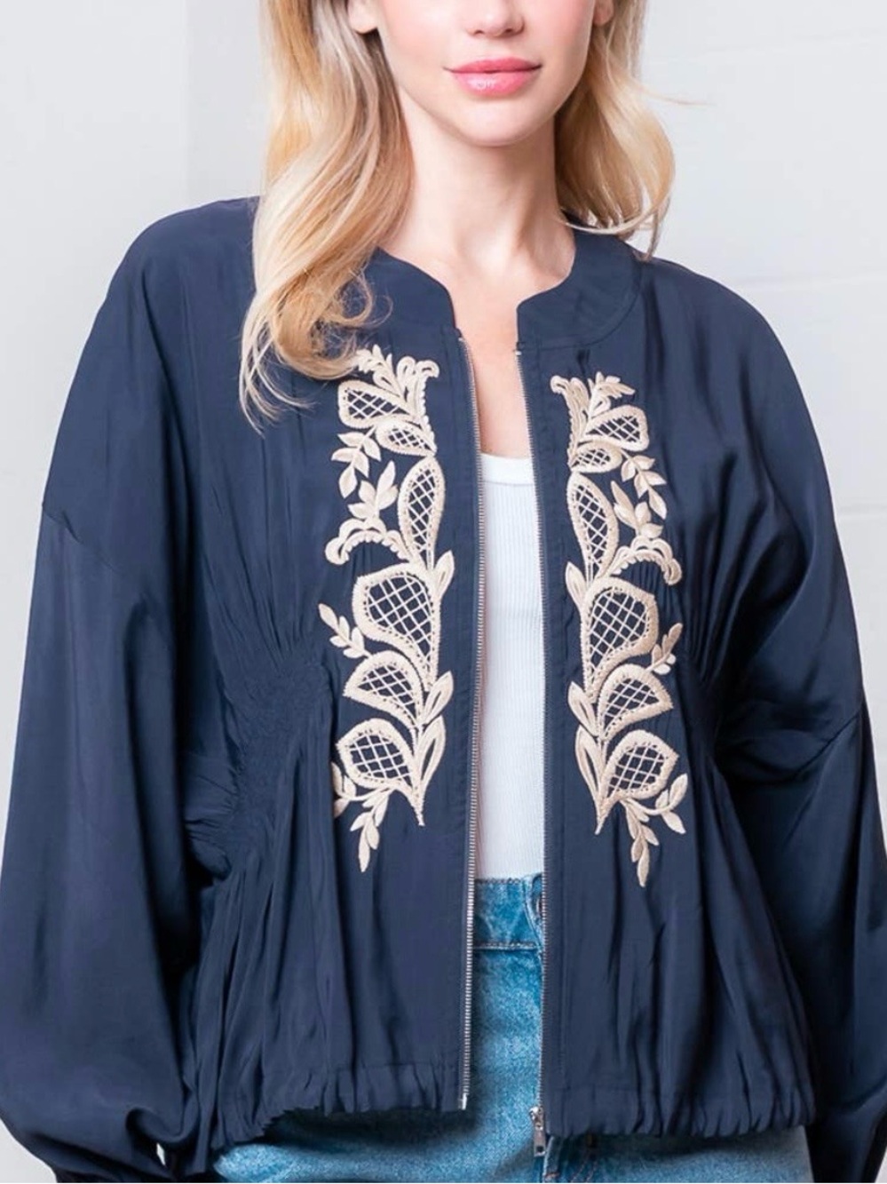 Taelynn Embroidered Jacket Medium Navy NWT